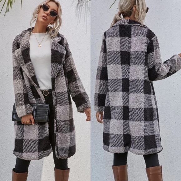 Teddy coat trench pea jacket plaid gray - Picture 2 of 2